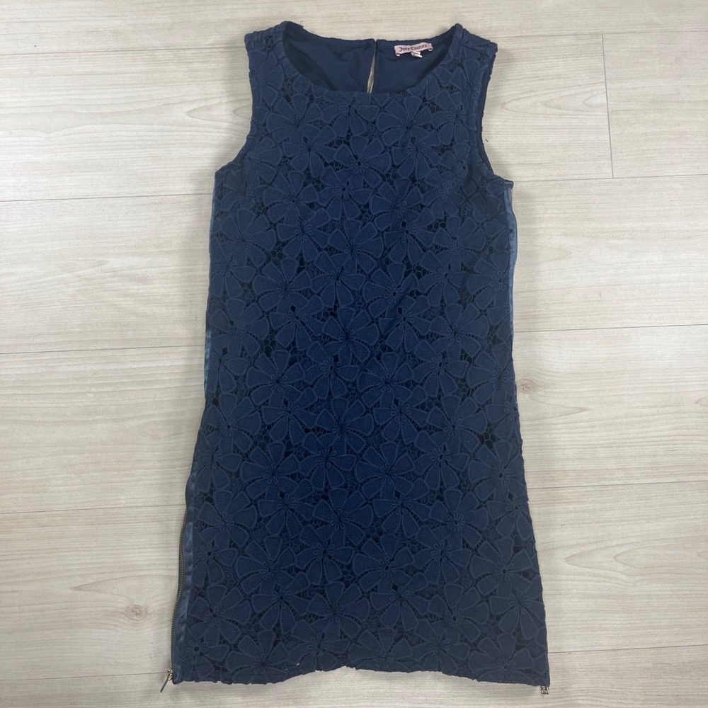 Juicy Couture Navy Blue Floral Lace Side Zip Shift Dress Size 4